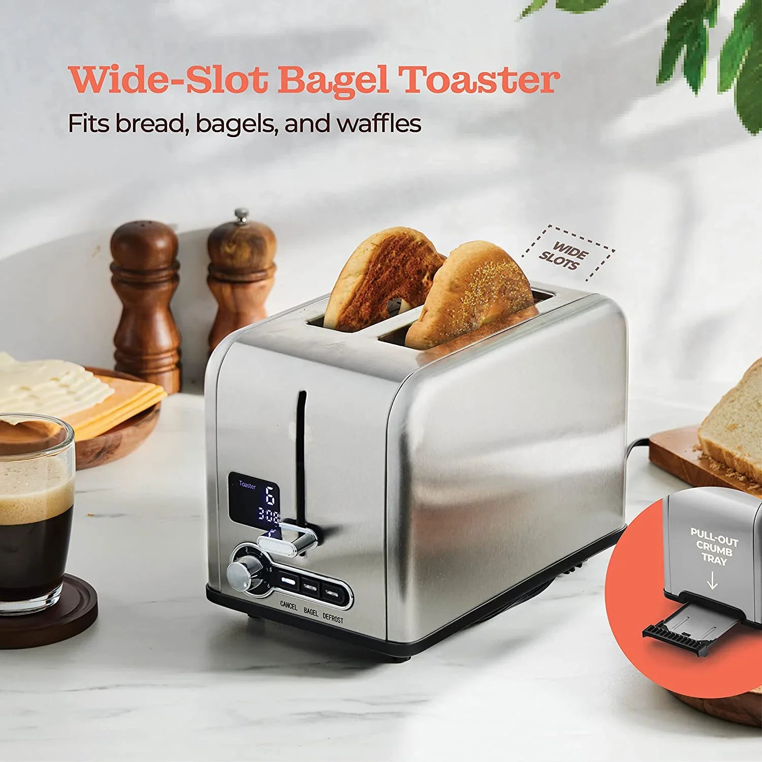 KTX-650451 Stainless Steel 2-Slice Toaster with Digital LED Display and Automatic Pop-Up Feature