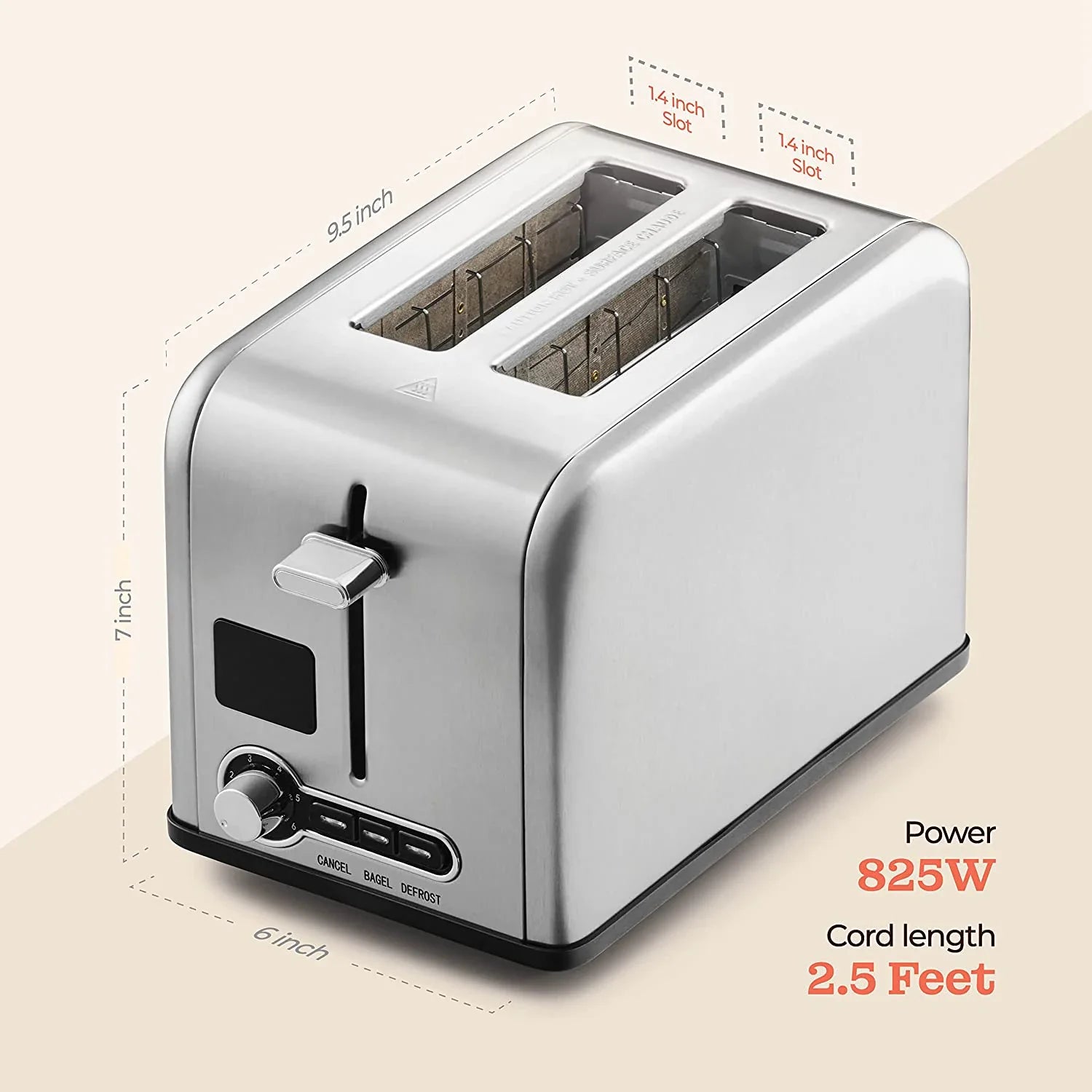 KTX-650451 Stainless Steel 2-Slice Toaster with Digital LED Display and Automatic Pop-Up Feature