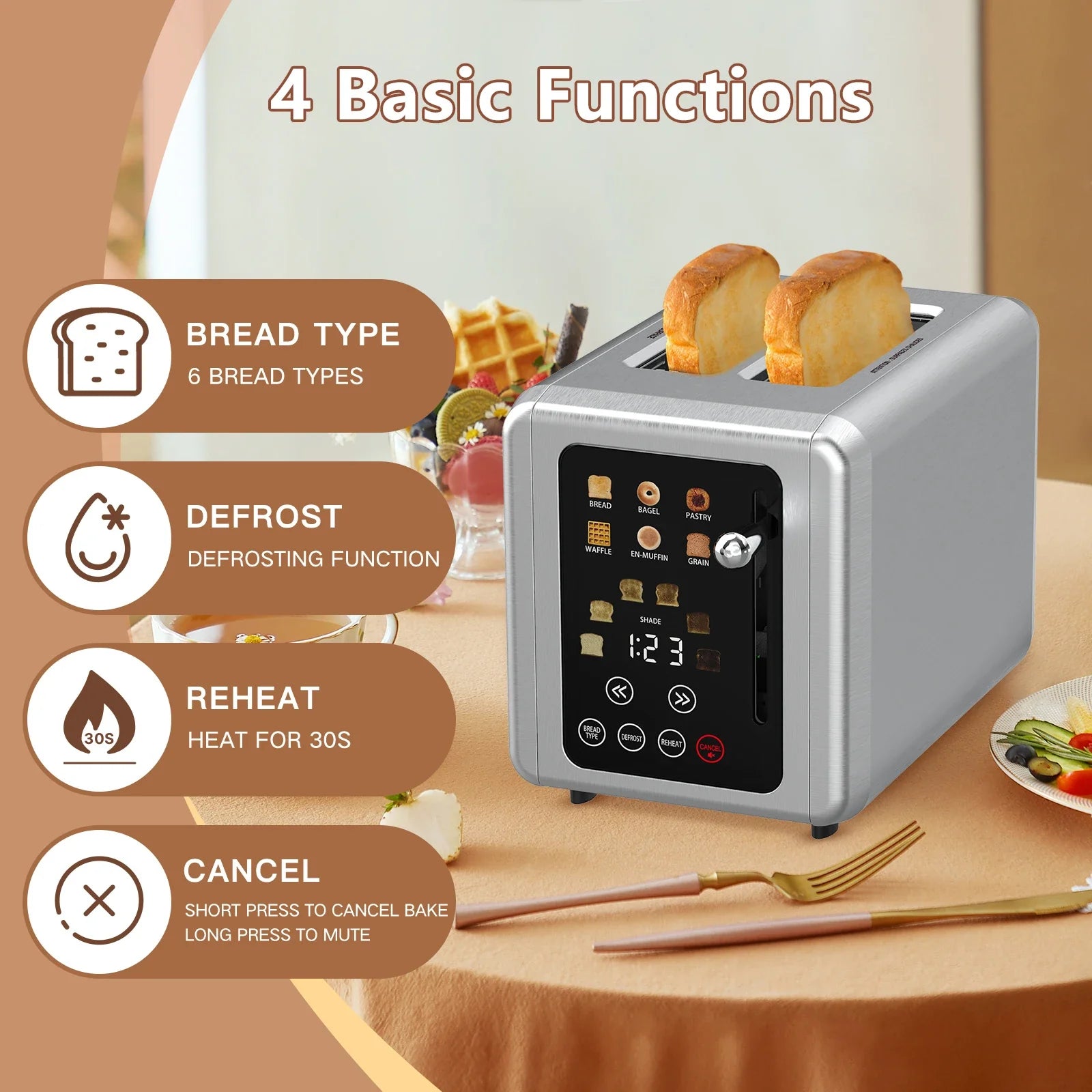 KTX-927251 Automatic 2-Slice Stainless Steel Bread Toaster with Fast Heating Function