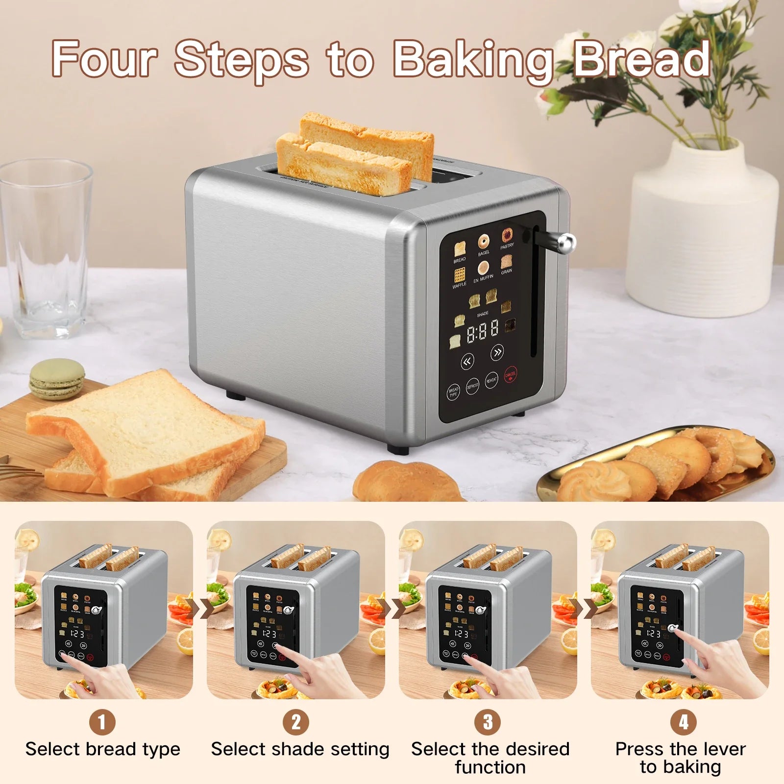 KTX-927251 Automatic 2-Slice Stainless Steel Bread Toaster with Fast Heating Function