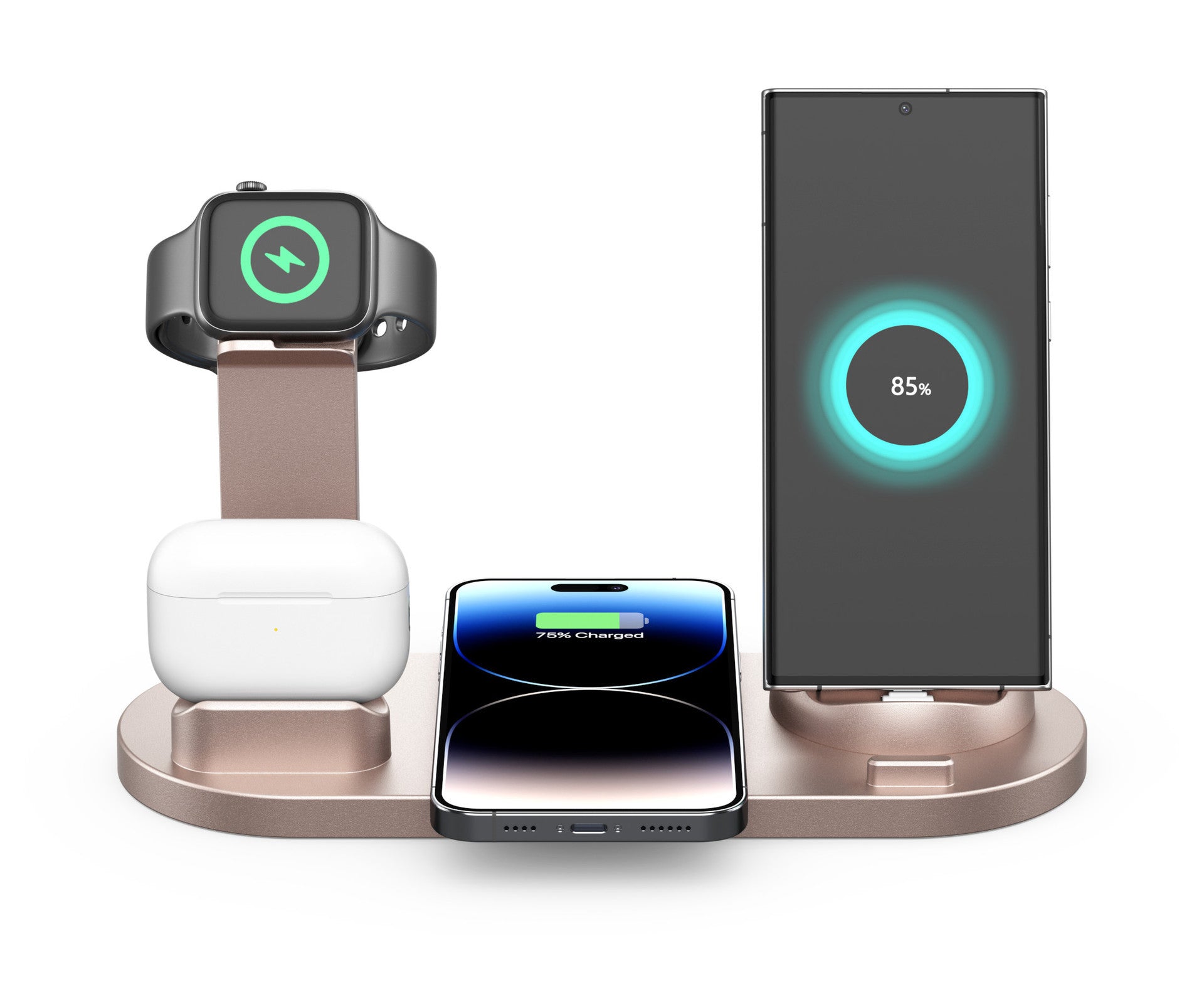 KTX-792147 Three-in-One Wireless Charging Station with 360° Rotating Cradle for Smartphones, Smartwatches, and Wireless Earbuds - Fast Charging Capability