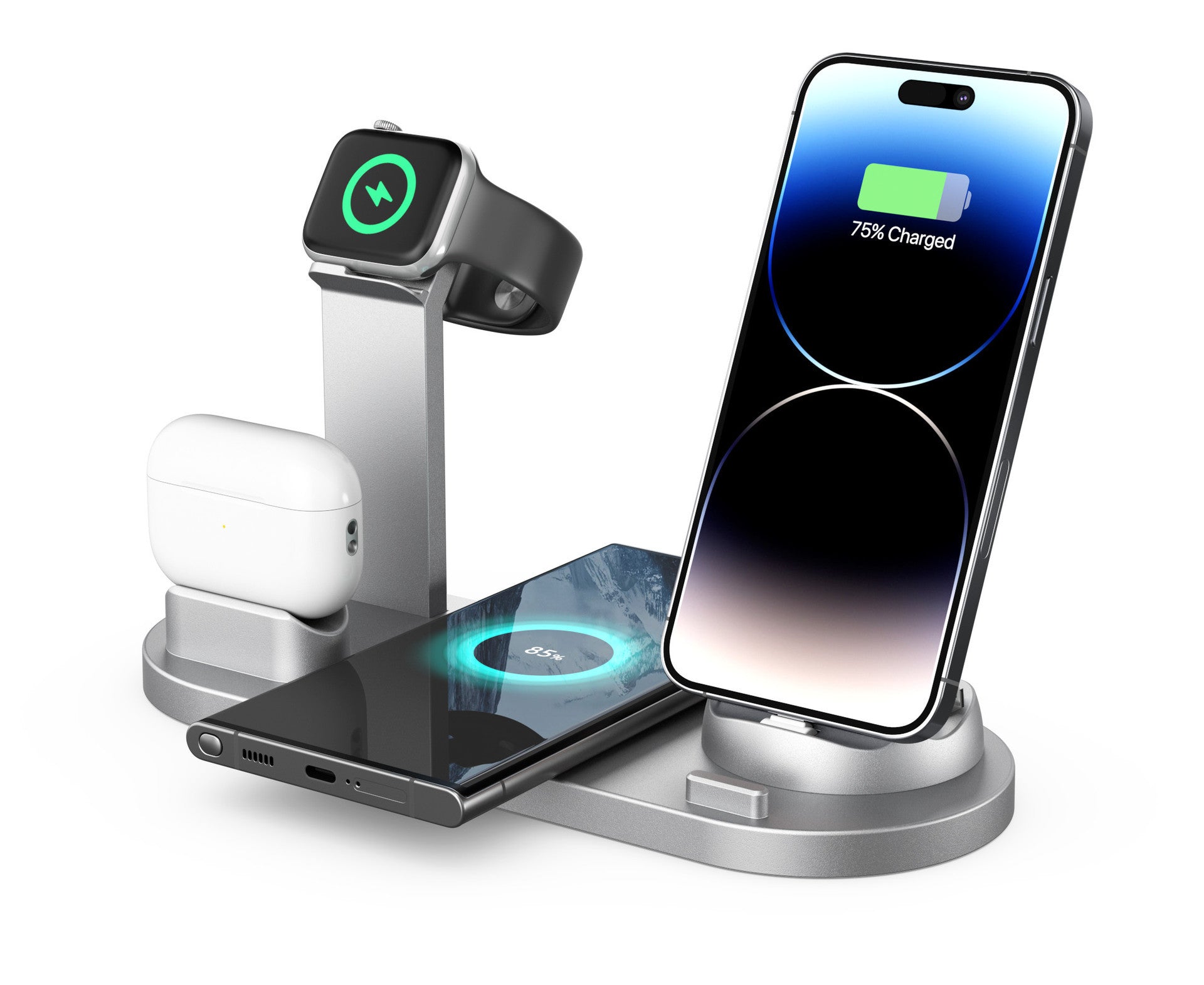 KTX-792147 Three-in-One Wireless Charging Station with 360° Rotating Cradle for Smartphones, Smartwatches, and Wireless Earbuds - Fast Charging Capability