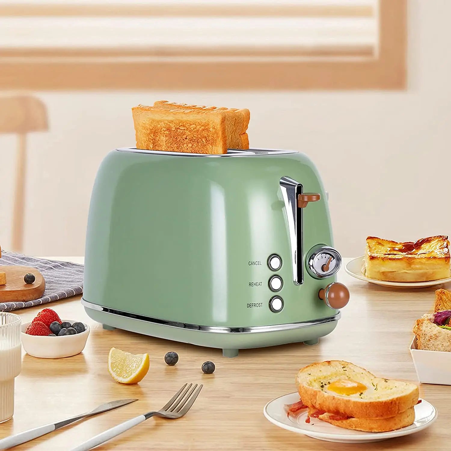 KTX-111507 Retro Stainless Steel Wide Slot Toaster for Bread and Waffles – 2 Slice Electric Toaster