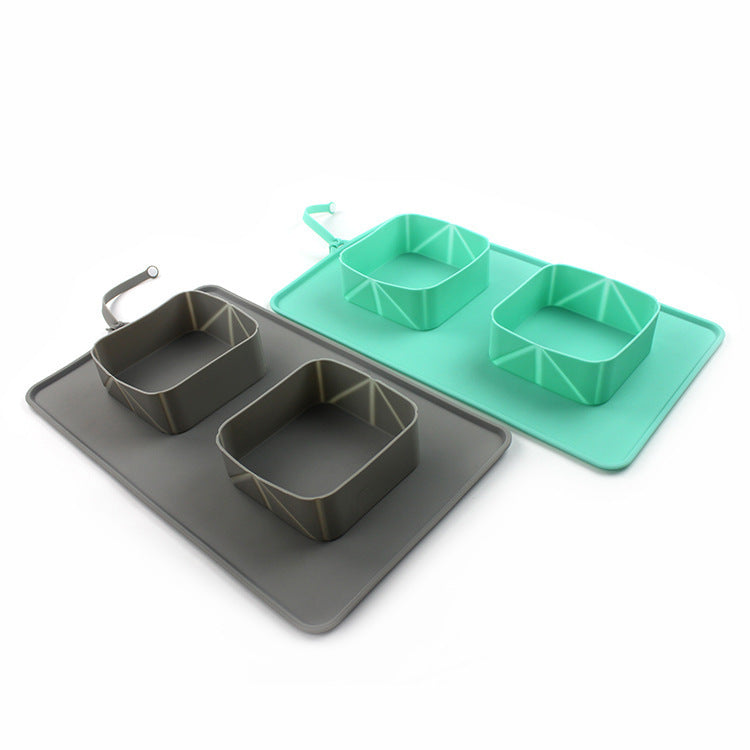 JMT-051146 Foldable Silicone Pet Bowl for Dogs and Cats - Mint Green & Gray, Dual Compartment Design, Easy to Clean, Portable & Travel Friendly