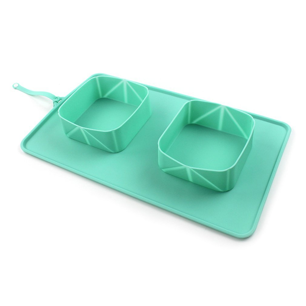 JMT-051146 Foldable Silicone Pet Bowl for Dogs and Cats - Mint Green & Gray, Dual Compartment Design, Easy to Clean, Portable & Travel Friendly