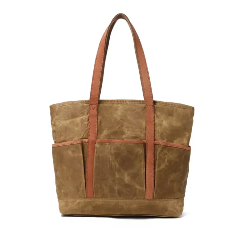 KTX-086803 Vintage Waxed Canvas Large Capacity Shoulder Bag with Leather Accents