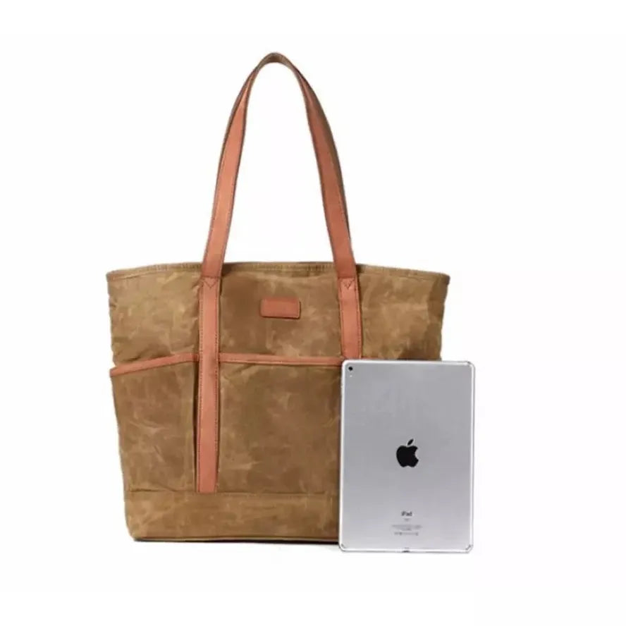 KTX-086803 Vintage Waxed Canvas Large Capacity Shoulder Bag with Leather Accents