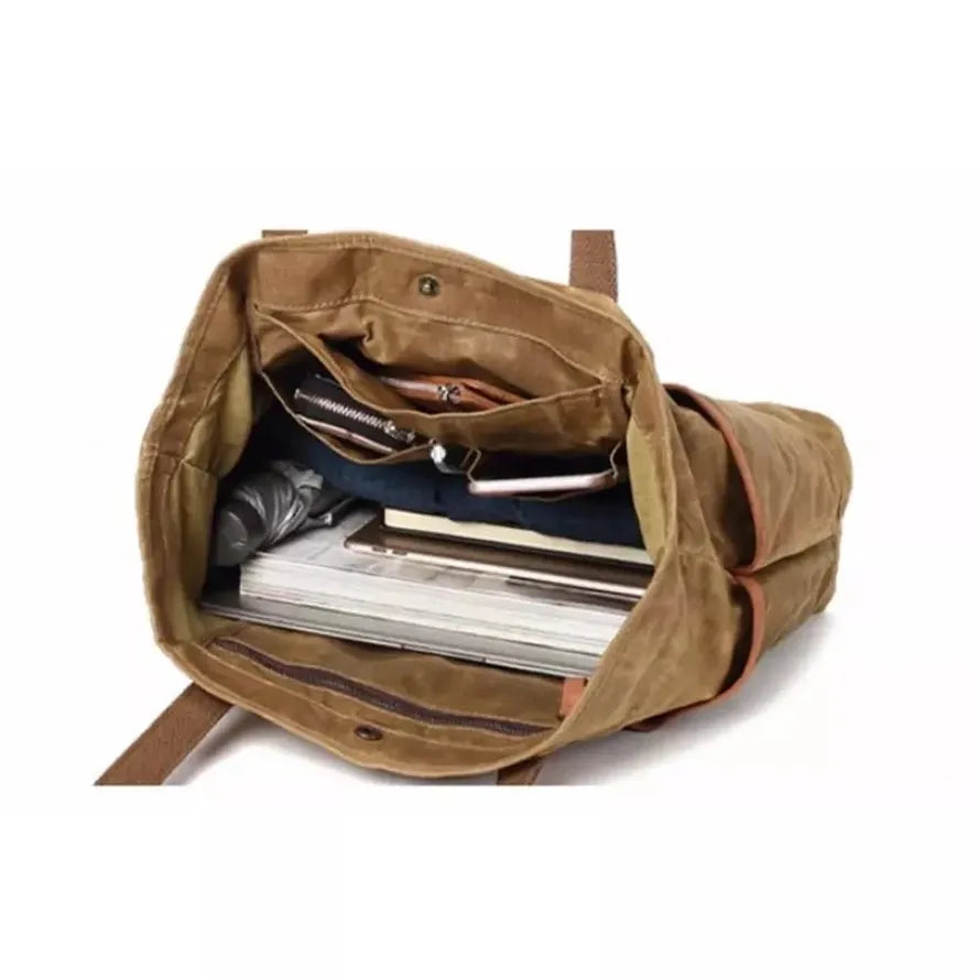 KTX-086803 Vintage Waxed Canvas Large Capacity Shoulder Bag with Leather Accents