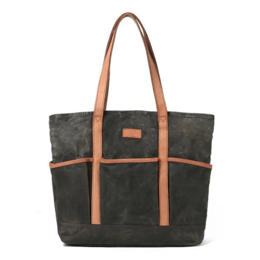KTX-086803 Vintage Waxed Canvas Large Capacity Shoulder Bag with Leather Accents