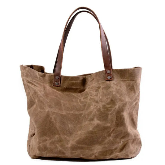 KTX-774931 Waterproof Oil Wax Canvas Shoulder Tote Bag with Cowhide Trimmings, Large Capacity