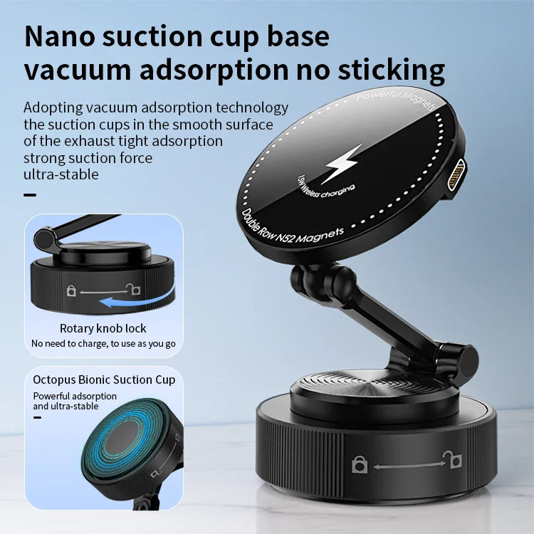 KTX-934163 Folding Magnetic 15W Wireless Car Charging Phone Holder with 360-Degree Rotation for Dashboard and Windshield