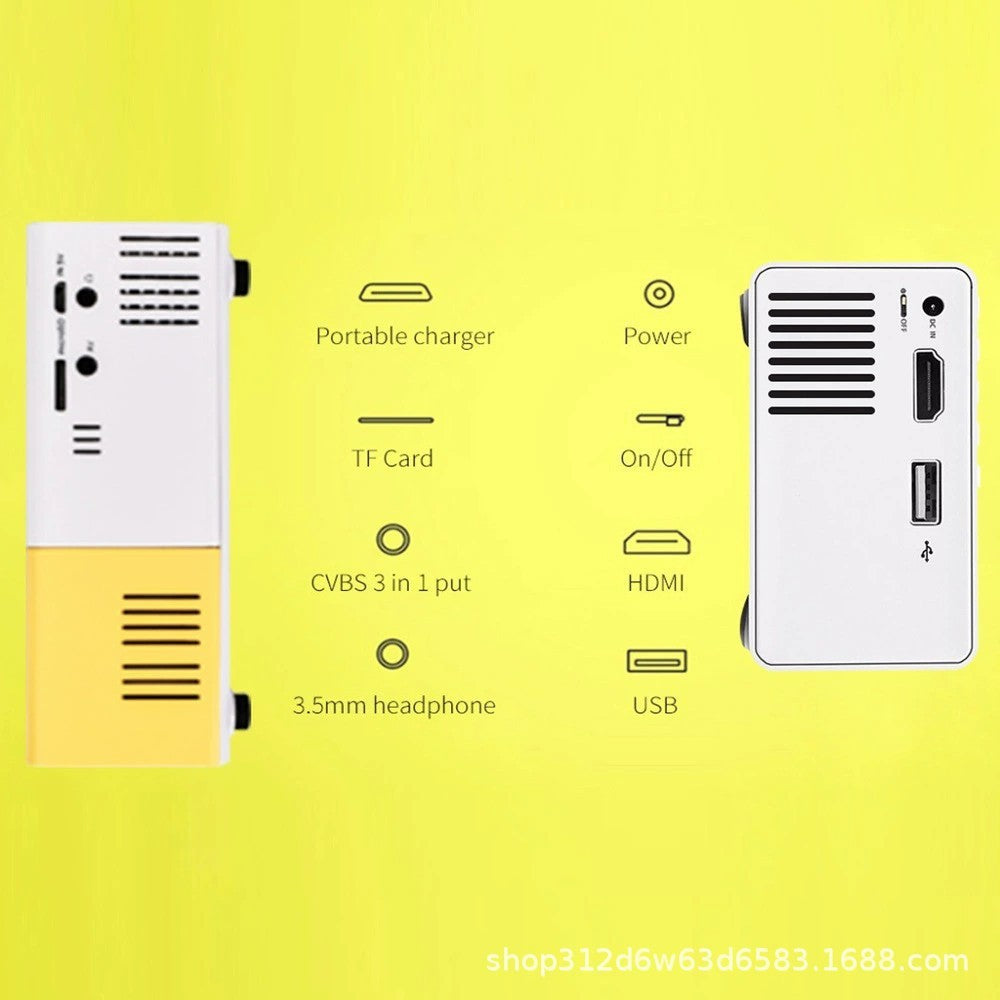 KTX-601811 Mini Portable Projector YG300 - 1080p HD Resolution, Compact Design in Yellow, Blue, and Black