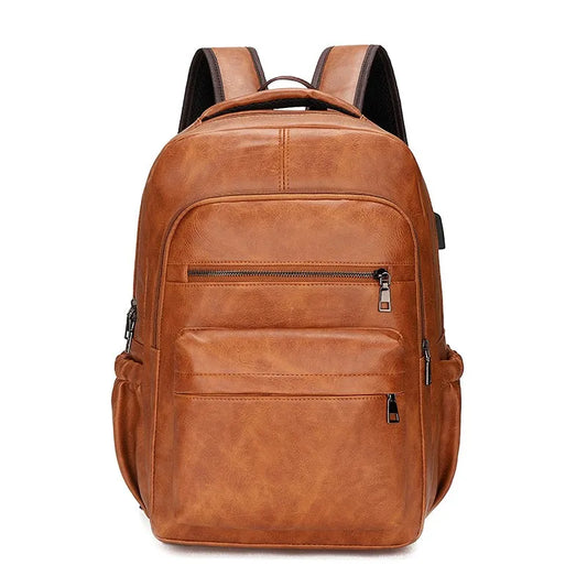 KTX-261011 Waterproof PU Leather Business Travel Laptop Backpack with USB Charging Port