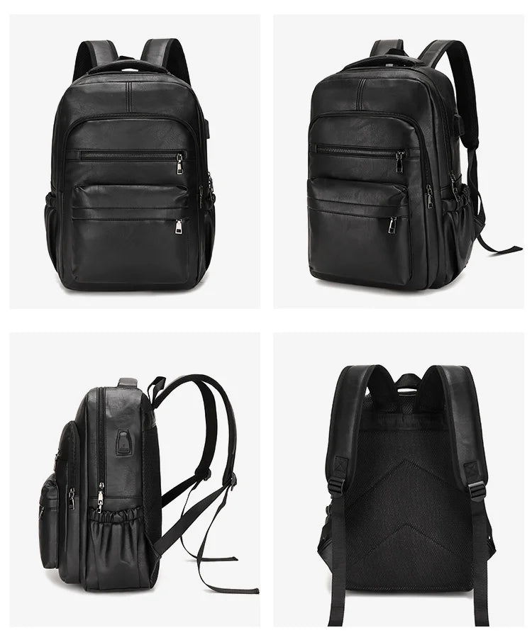 KTX-261011 Waterproof PU Leather Business Travel Laptop Backpack with USB Charging Port