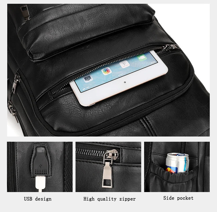 KTX-261011 Waterproof PU Leather Business Travel Laptop Backpack with USB Charging Port