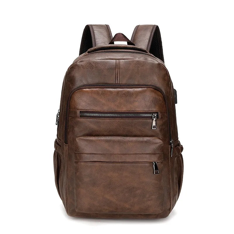 KTX-261011 Waterproof PU Leather Business Travel Laptop Backpack with USB Charging Port
