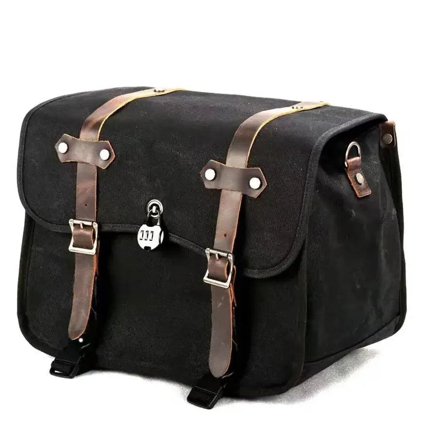KTX-319443 Motorcycle Rear Seat Bag Vintage Batik Canvas with Cowhide Leather, Waterproof Helmet Carrying Bag