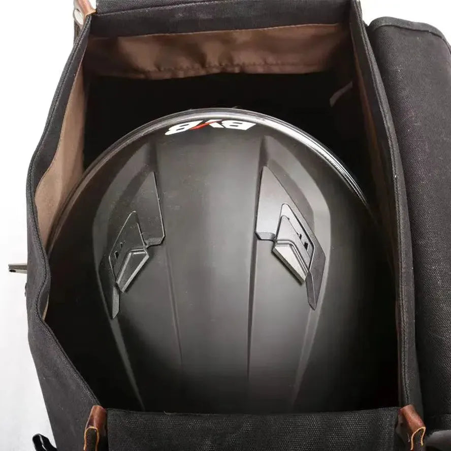 KTX-319443 Motorcycle Rear Seat Bag Vintage Batik Canvas with Cowhide Leather, Waterproof Helmet Carrying Bag
