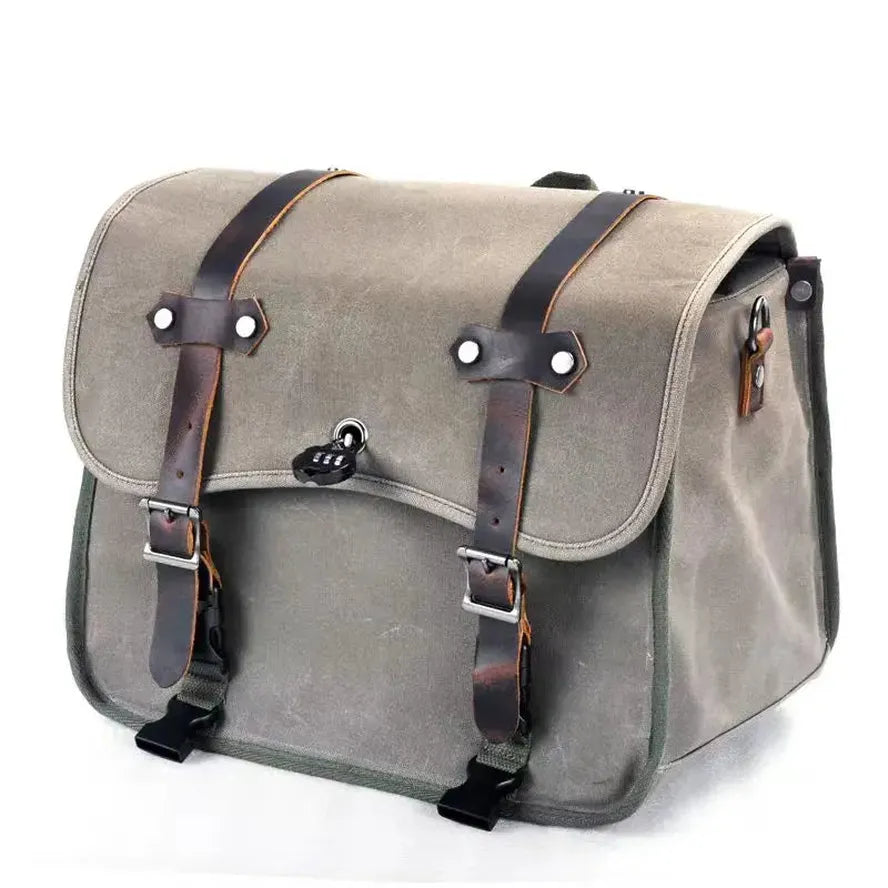 KTX-319443 Motorcycle Rear Seat Bag Vintage Batik Canvas with Cowhide Leather, Waterproof Helmet Carrying Bag