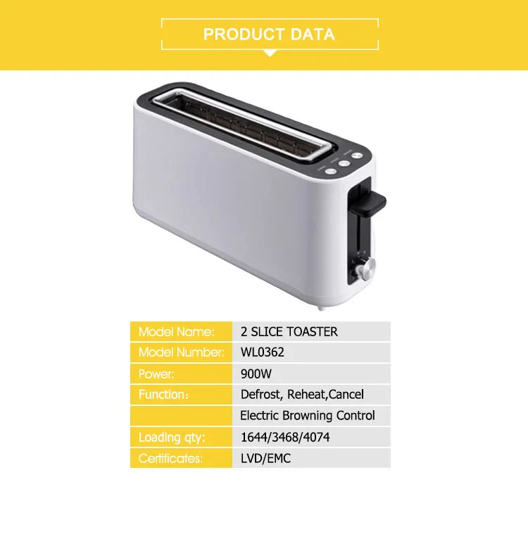 KTX-894483 2-Slice Smokeless Electric Toaster - 900W Long Slot Design for Efficient Toasting in Home Kitchens