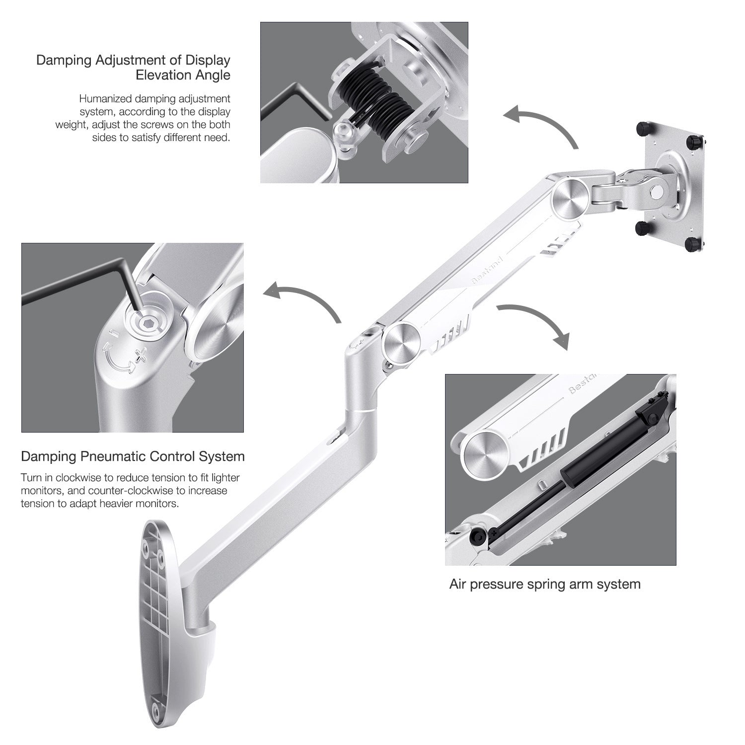KTX-559827 Aluminum Alloy Single-Arm Monitor Wall Mount Bracket - 2.8KG, 40.5x34.5x12.7CM