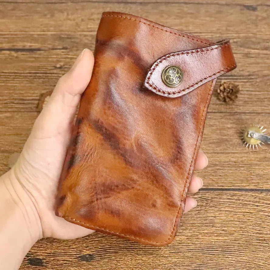 KTX-939923 Vintage Genuine Leather Long Wallet – Hand-Wrinkled Vegetable Tanned Leather, Retro Design, Hasp Closure, Multiple Colours