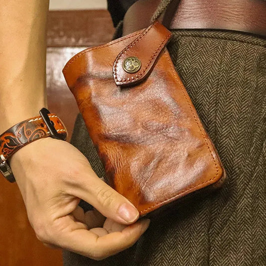 KTX-939923 Vintage Genuine Leather Long Wallet – Hand-Wrinkled Vegetable Tanned Leather, Retro Design, Hasp Closure, Multiple Colours