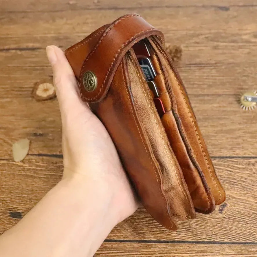 KTX-939923 Vintage Genuine Leather Long Wallet – Hand-Wrinkled Vegetable Tanned Leather, Retro Design, Hasp Closure, Multiple Colours