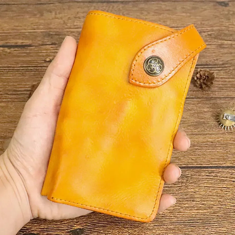 KTX-939923 Vintage Genuine Leather Long Wallet – Hand-Wrinkled Vegetable Tanned Leather, Retro Design, Hasp Closure, Multiple Colours