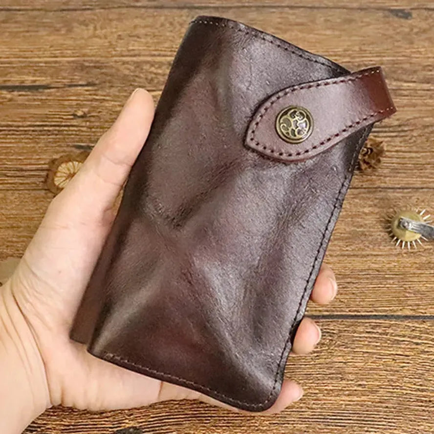 KTX-939923 Vintage Genuine Leather Long Wallet – Hand-Wrinkled Vegetable Tanned Leather, Retro Design, Hasp Closure, Multiple Colours
