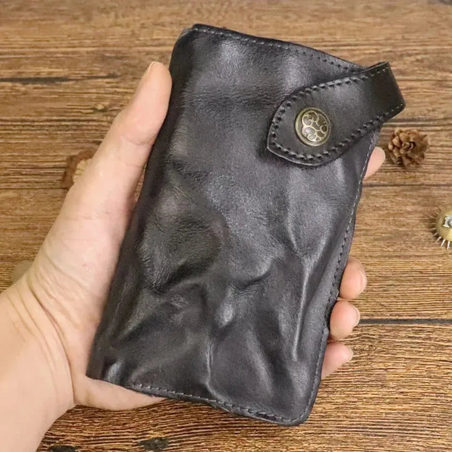 KTX-939923 Vintage Genuine Leather Long Wallet – Hand-Wrinkled Vegetable Tanned Leather, Retro Design, Hasp Closure, Multiple Colours
