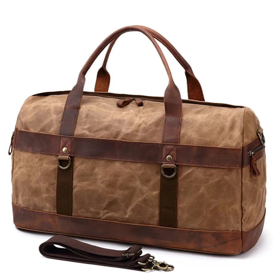 JMT-139466 Waterproof Waxed Canvas Duffel Bag with Full Grain Leather Accents – Large Capacity Travel and Sports Bag