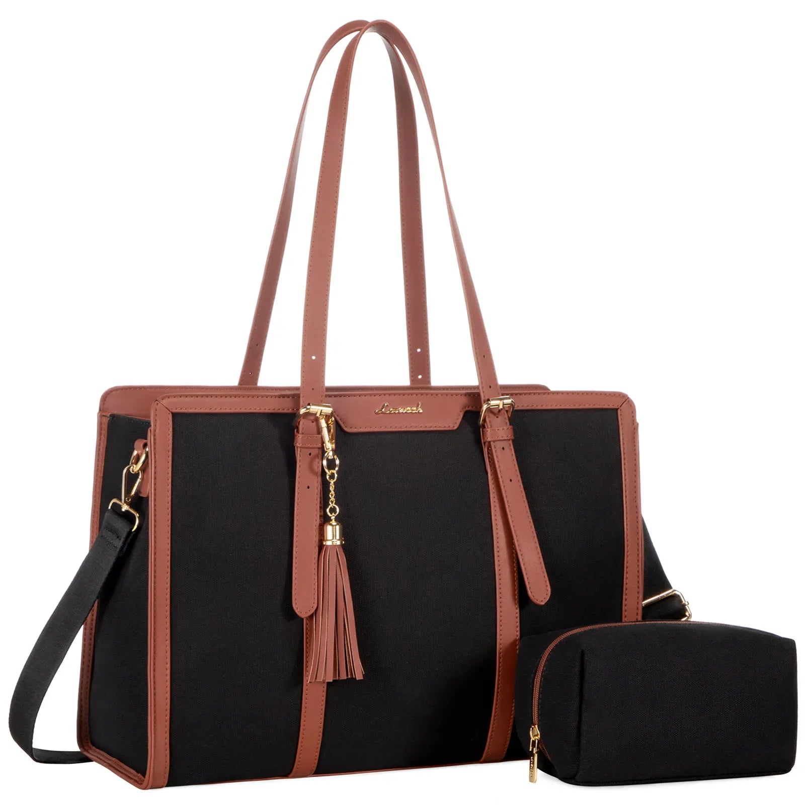 KTX-229715 Stylish 2-Piece Set PU Leather and Canvas Tote Bag for School, Shopping, and Casual Use, Versatile Crossbody and Shoulder Design for Women