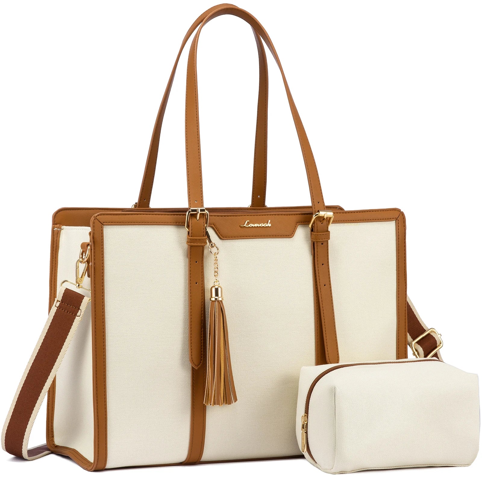 KTX-229715 Stylish 2-Piece Set PU Leather and Canvas Tote Bag for School, Shopping, and Casual Use, Versatile Crossbody and Shoulder Design for Women