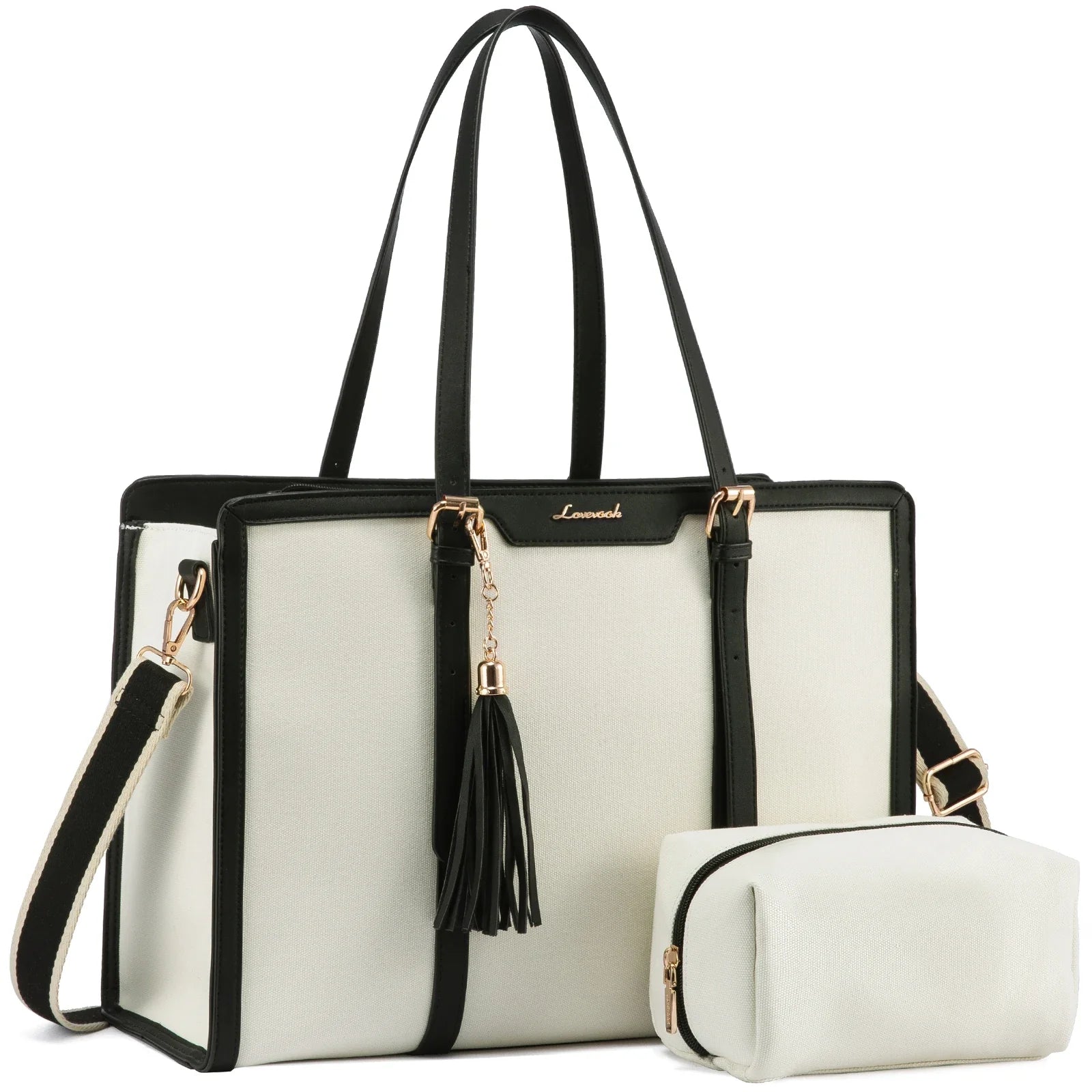 KTX-229715 Stylish 2-Piece Set PU Leather and Canvas Tote Bag for School, Shopping, and Casual Use, Versatile Crossbody and Shoulder Design for Women