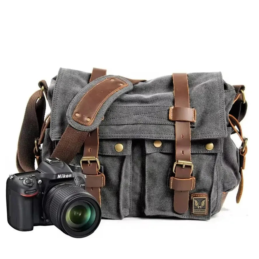 KTX-712659 Vintage Waterproof Canvas Leather Crossbody Bag for SLR Camera and Leisure Photography