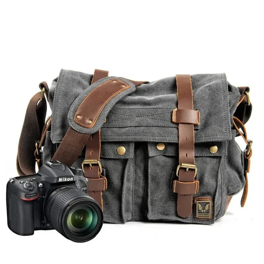 KTX-712659 Vintage Waterproof Canvas Leather Crossbody Bag for SLR Camera and Leisure Photography