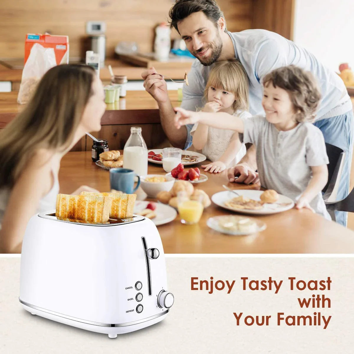 KTX-045971 Stainless Steel Retro 2-Slice Toaster with Defrost and Reheat Functions