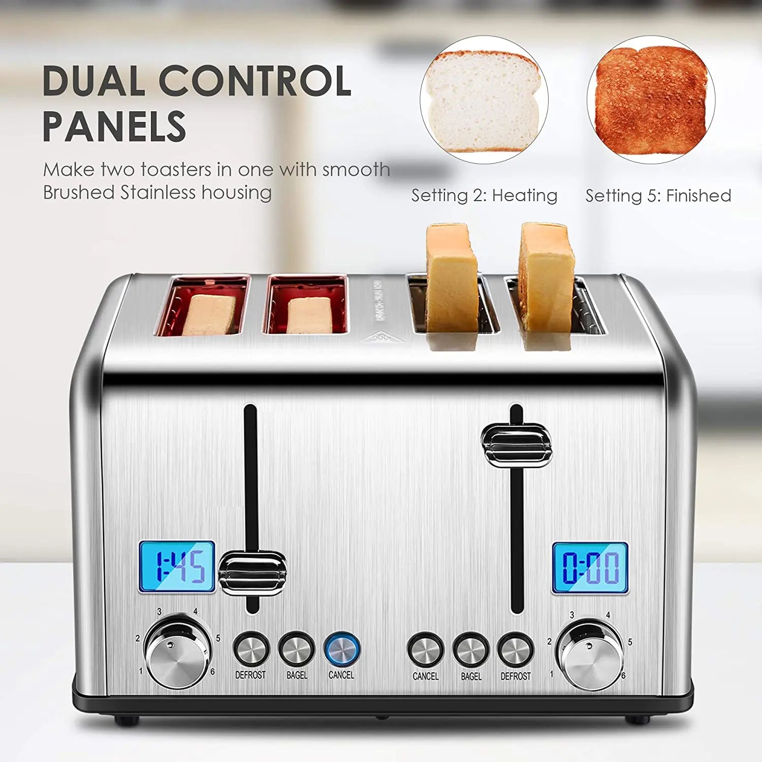 KTX-141971 Digital LED Display 4-Slice Stainless Steel Toaster with Smart Features