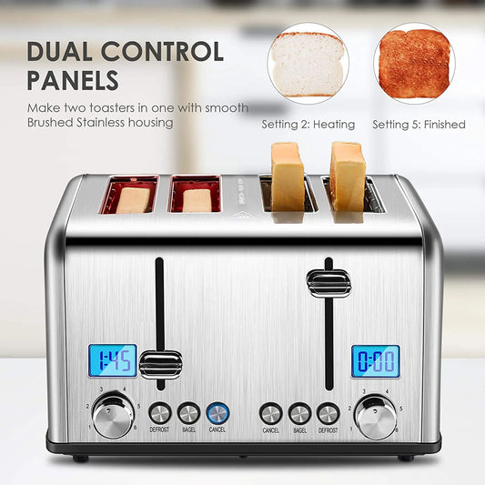 KTX-141971 Digital LED Display 4-Slice Stainless Steel Toaster with Smart Features