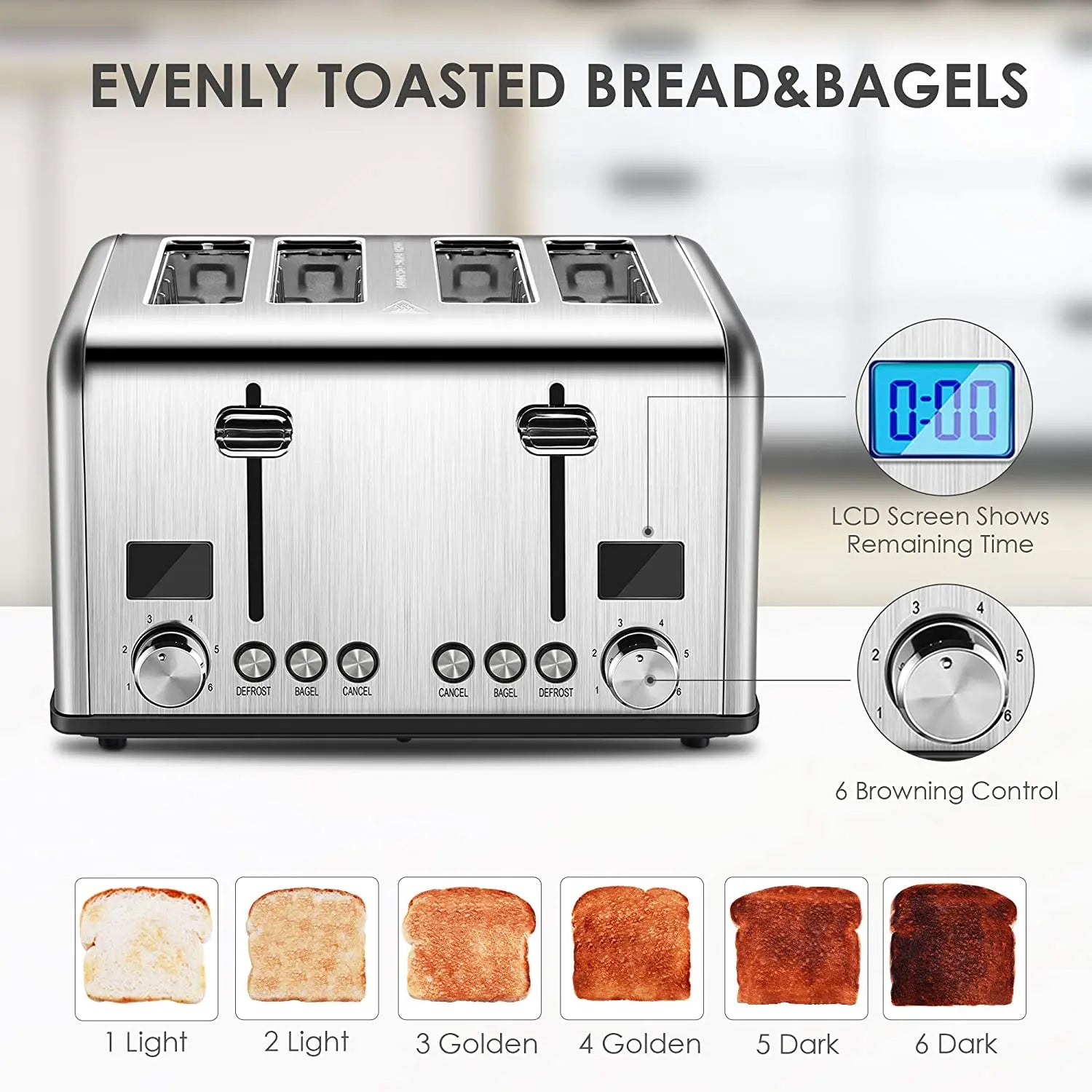 KTX-141971 Digital LED Display 4-Slice Stainless Steel Toaster with Smart Features