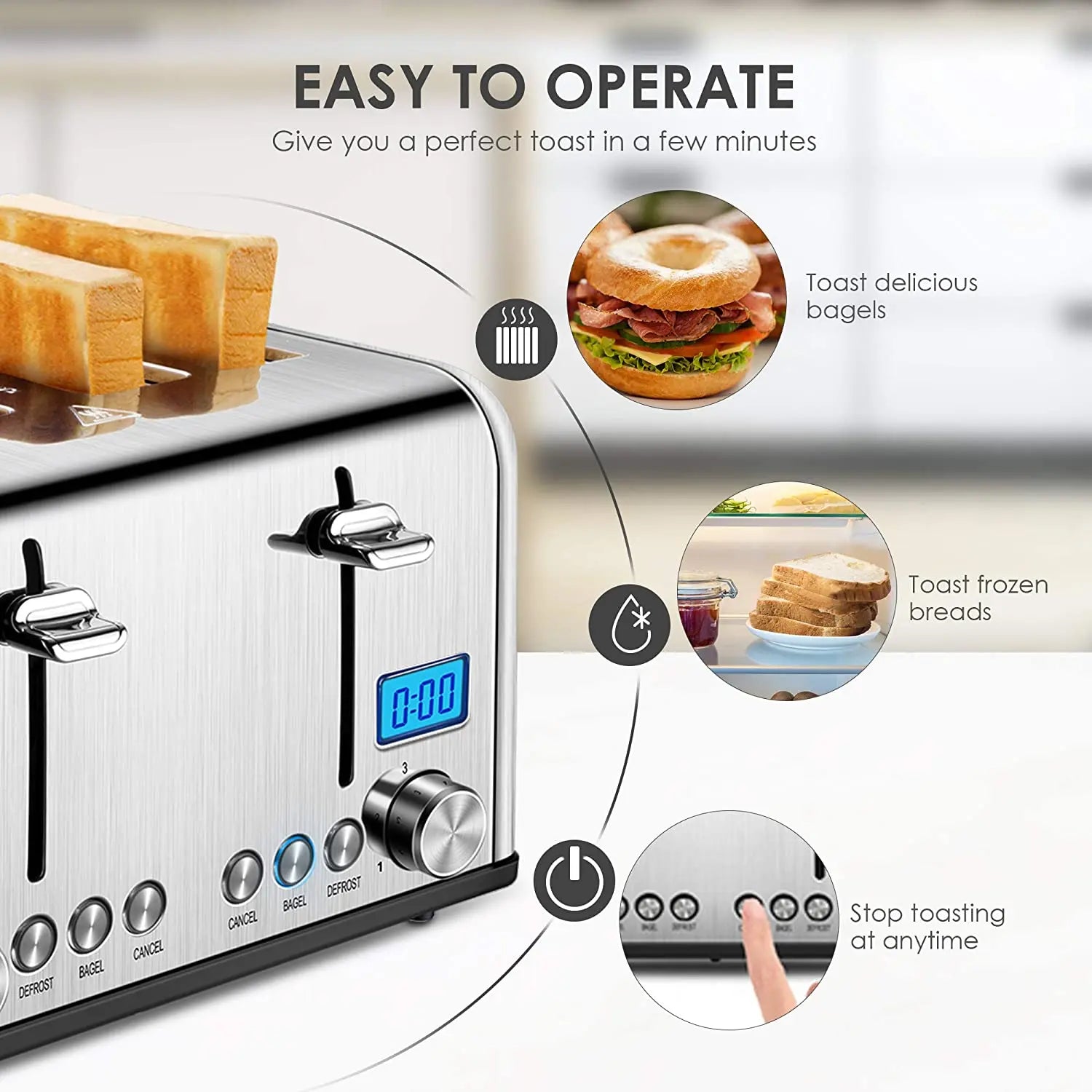 KTX-141971 Digital LED Display 4-Slice Stainless Steel Toaster with Smart Features