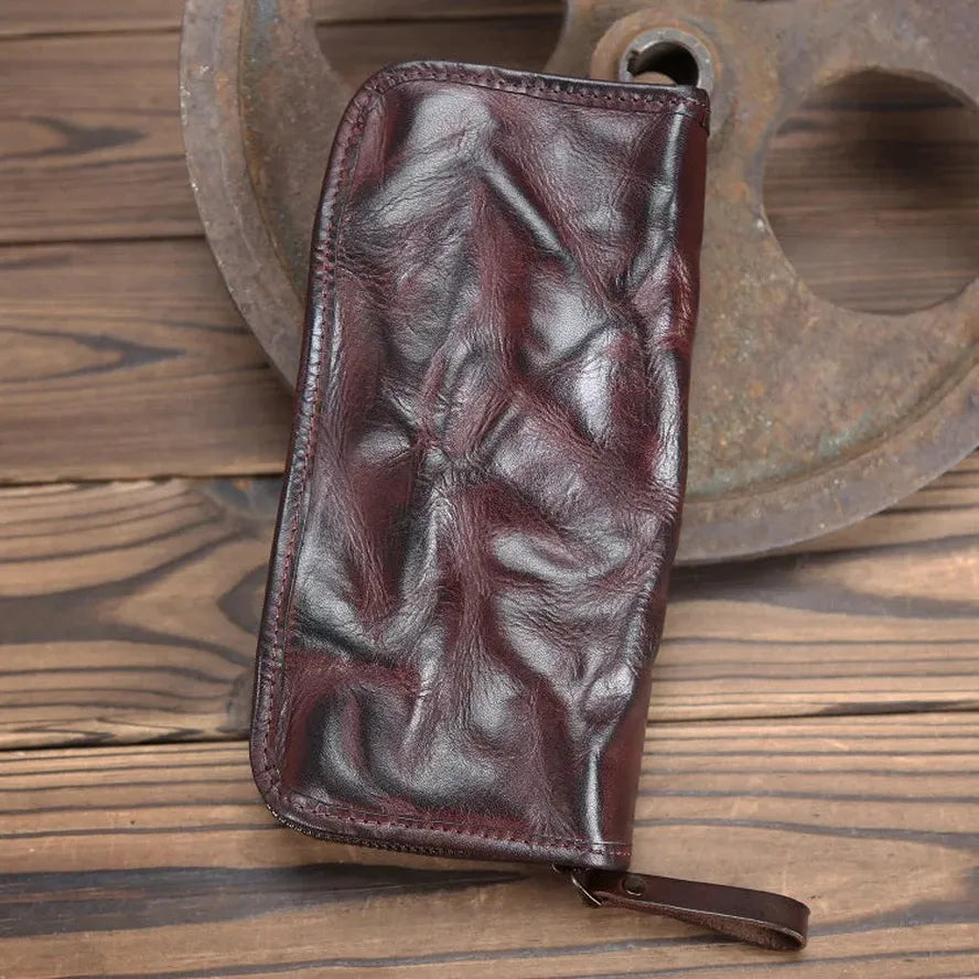 KTX-579475 Genuine Leather Long Wallet with Zipper Closure, Handmade, Retro Style, Available in Multiple Colours