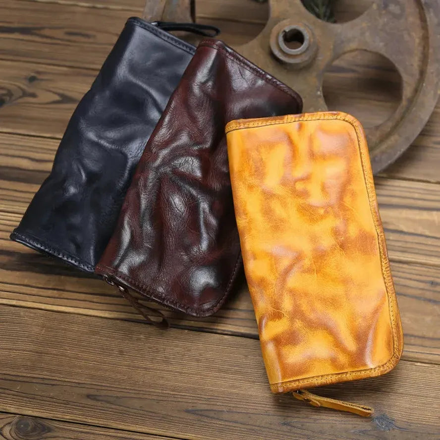 KTX-579475 Genuine Leather Long Wallet with Zipper Closure, Handmade, Retro Style, Available in Multiple Colours