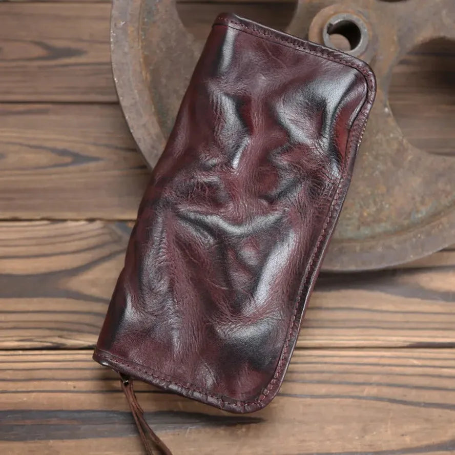 KTX-579475 Genuine Leather Long Wallet with Zipper Closure, Handmade, Retro Style, Available in Multiple Colours
