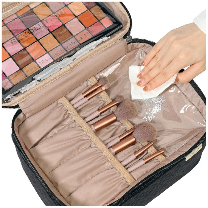 KTX-772307 Double Layer Portable Cosmetics Bag - Waterproof & Breathable Storage Solution in Black and Pink