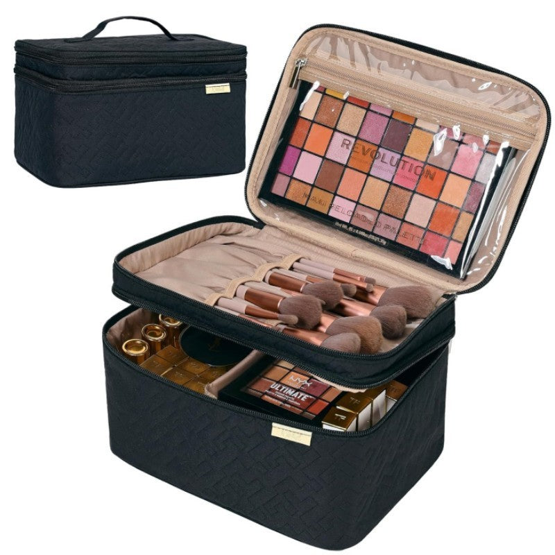 KTX-772307 Double Layer Portable Cosmetics Bag - Waterproof & Breathable Storage Solution in Black and Pink