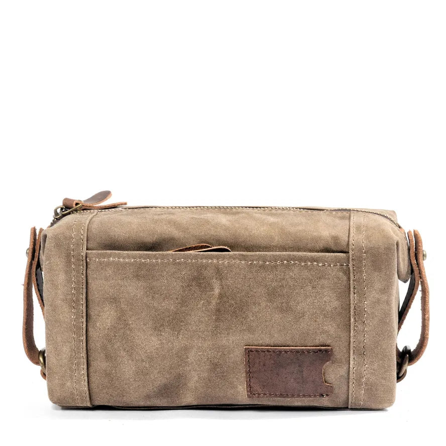 KTX-022419 Waterproof Canvas and Cowhide Leather Men's Toiletry Handbag 23cm x 8.5cm x 13cm