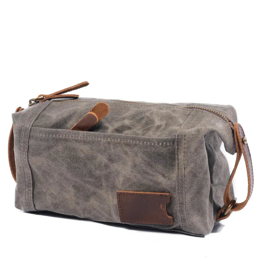 KTX-022419 Waterproof Canvas and Cowhide Leather Men's Toiletry Handbag 23cm x 8.5cm x 13cm