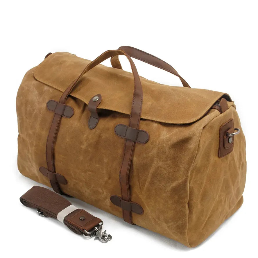 KTX-582931 Large Waterproof Canvas Travel Tote Duffle Bag - 54cm x 22cm x 30cm, Durable with Cowhide Accents